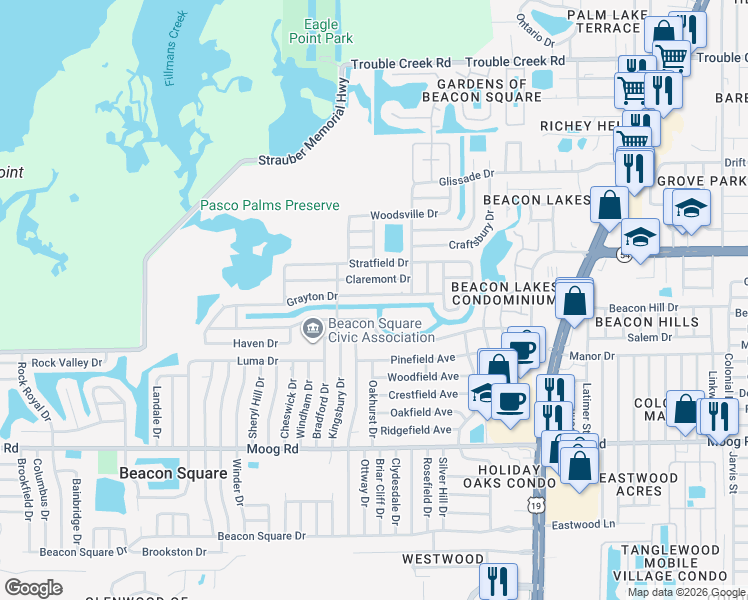 map of restaurants, bars, coffee shops, grocery stores, and more near 4050 Grayton Drive in New Port Richey