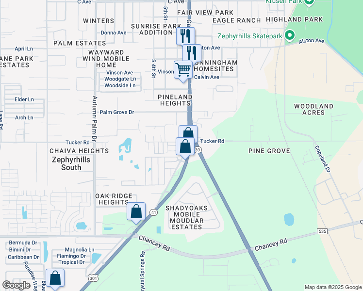 map of restaurants, bars, coffee shops, grocery stores, and more near 38437 Clyde Drive in Zephyrhills