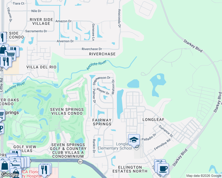 map of restaurants, bars, coffee shops, grocery stores, and more near 3822 Watson Drive in New Port Richey
