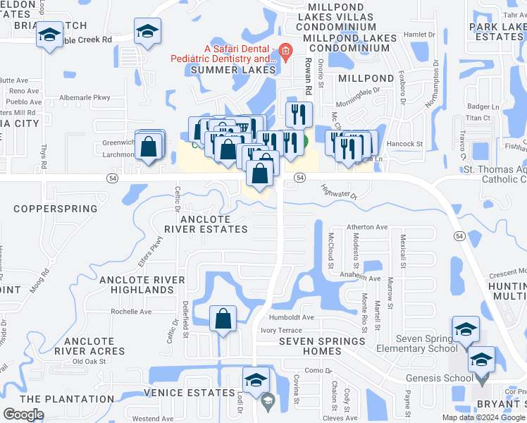 map of restaurants, bars, coffee shops, grocery stores, and more near 7303 Riverbank Drive in New Port Richey