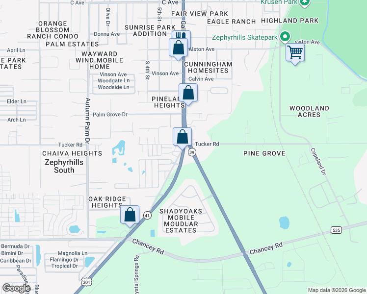 map of restaurants, bars, coffee shops, grocery stores, and more near U.S. 301 in Zephyrhills