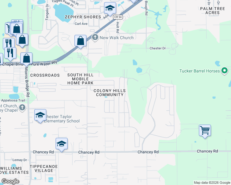 map of restaurants, bars, coffee shops, grocery stores, and more near 4000 William Hume Drive in Zephyrhills