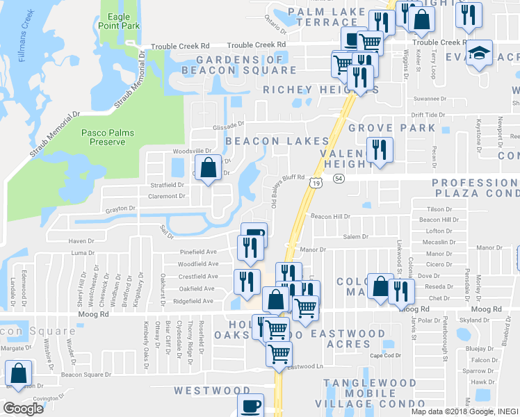 map of restaurants, bars, coffee shops, grocery stores, and more near 3876 Lighthouse Way in New Port Richey