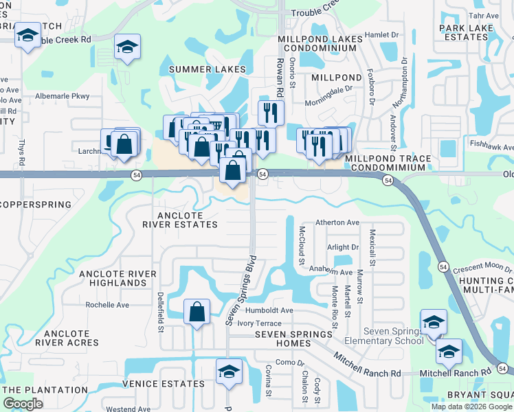 map of restaurants, bars, coffee shops, grocery stores, and more near 7401 Riverbank Drive in New Port Richey