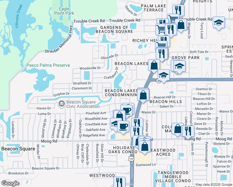 map of restaurants, bars, coffee shops, grocery stores, and more near 3847 Lighthouse Way in New Port Richey