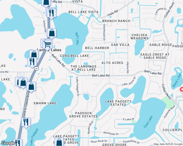 map of restaurants, bars, coffee shops, grocery stores, and more near 22214 Yachtclub Terrace in Land O' Lakes