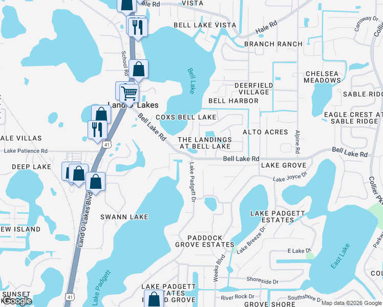 map of restaurants, bars, coffee shops, grocery stores, and more near 4003 Vessel Court in Land O' Lakes