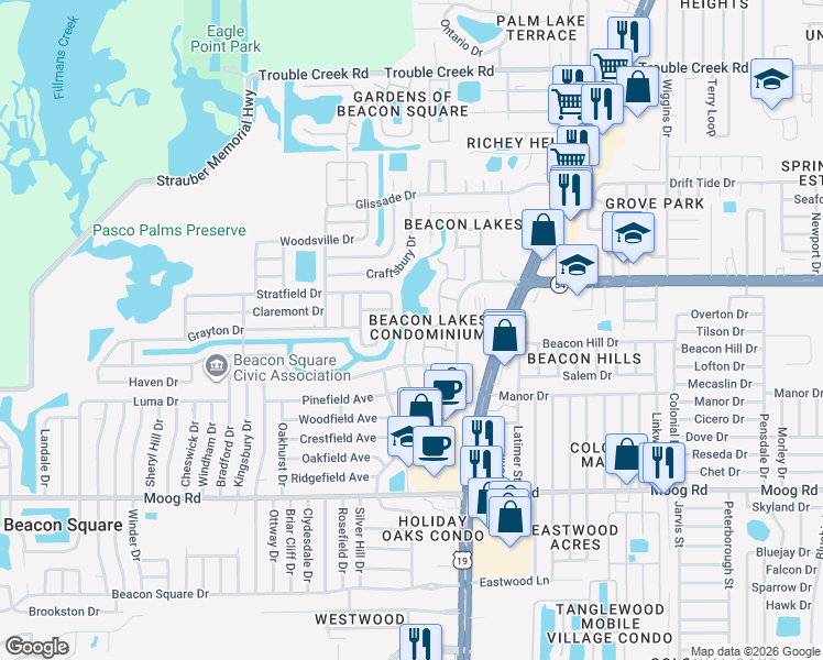 map of restaurants, bars, coffee shops, grocery stores, and more near 3847 Lighthouse Way in New Port Richey
