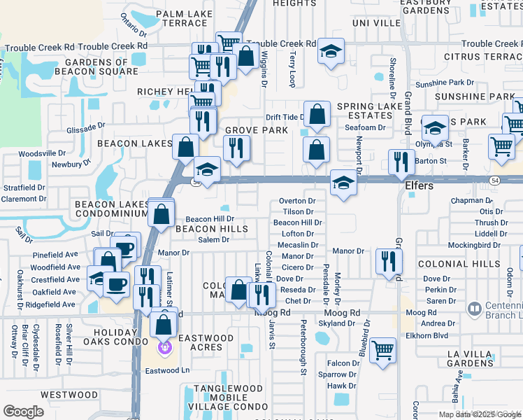 map of restaurants, bars, coffee shops, grocery stores, and more near 3842 Jupiter Drive in New Port Richey