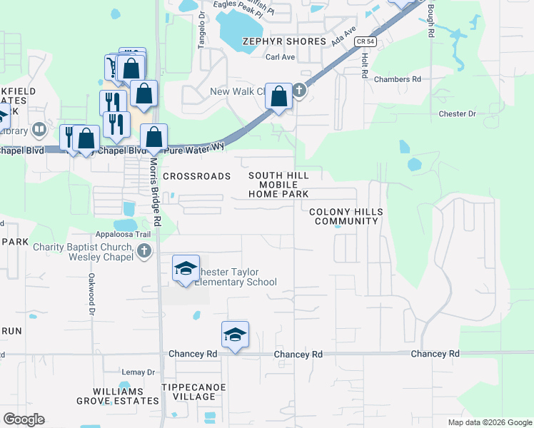 map of restaurants, bars, coffee shops, grocery stores, and more near 34916 Mulrion Drive in Zephyrhills