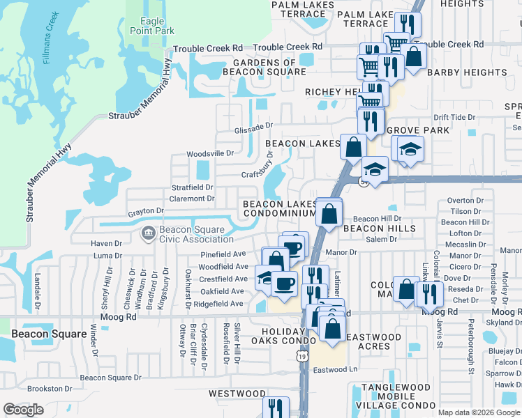 map of restaurants, bars, coffee shops, grocery stores, and more near 3838 Edgemont Drive in New Port Richey