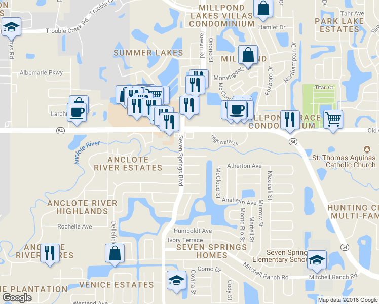 map of restaurants, bars, coffee shops, grocery stores, and more near 7413 Riverbank Drive in New Port Richey