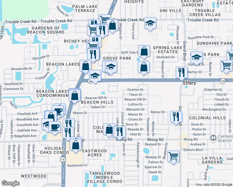 map of restaurants, bars, coffee shops, grocery stores, and more near 4933 Beacon Hill Drive in Port Richey