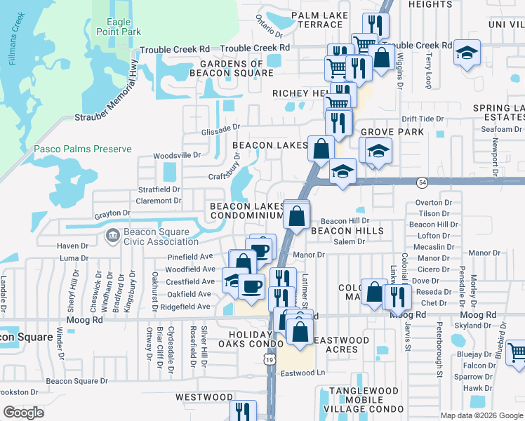 map of restaurants, bars, coffee shops, grocery stores, and more near 4446 Chart Court in New Port Richey