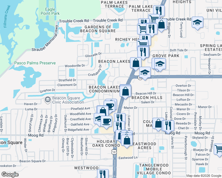 map of restaurants, bars, coffee shops, grocery stores, and more near 3834 Lanyard Court in Port Richey