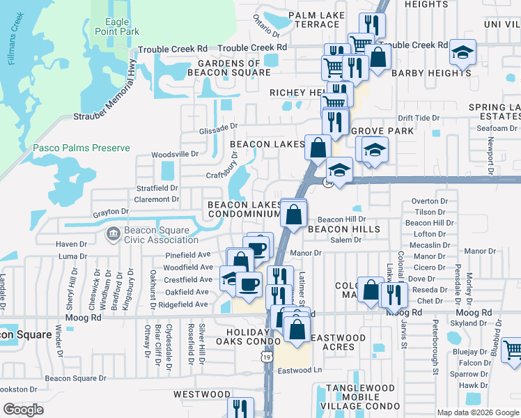 map of restaurants, bars, coffee shops, grocery stores, and more near 3834 Lanyard Court in Port Richey