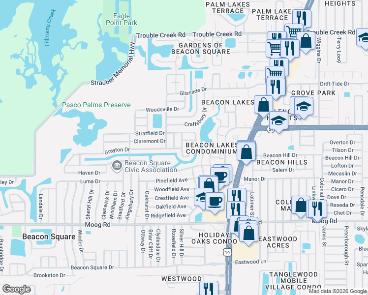 map of restaurants, bars, coffee shops, grocery stores, and more near 3852 Ming Tree Drive in New Port Richey