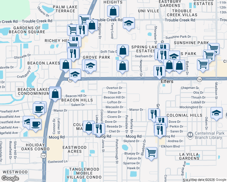 map of restaurants, bars, coffee shops, grocery stores, and more near 5109 Tilson Drive in New Port Richey