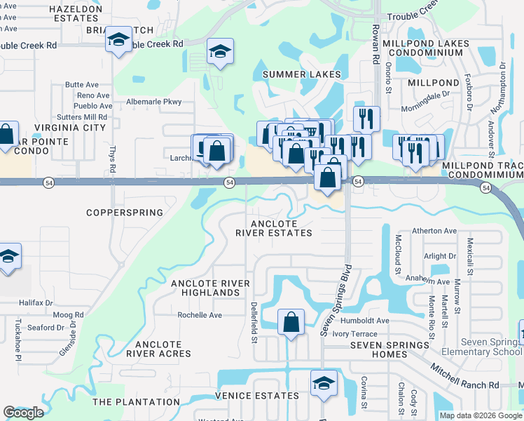 map of restaurants, bars, coffee shops, grocery stores, and more near 7033 Creek Drive in New Port Richey
