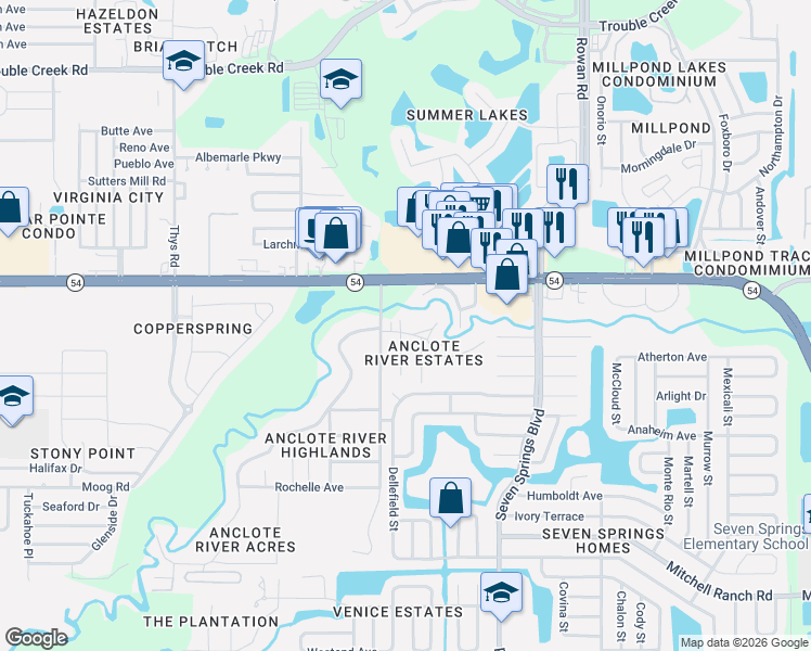 map of restaurants, bars, coffee shops, grocery stores, and more near 3836 Ford Street in New Port Richey