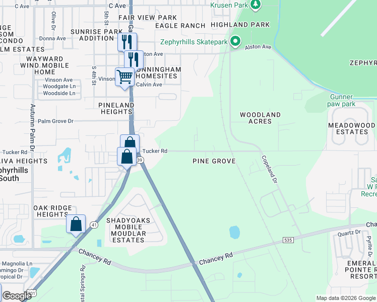 map of restaurants, bars, coffee shops, grocery stores, and more near 38822 Tucker Road in Zephyrhills