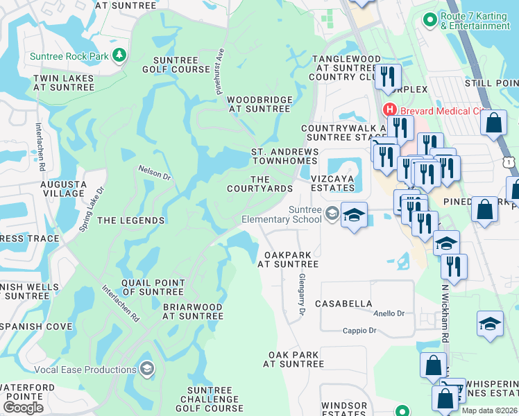 map of restaurants, bars, coffee shops, grocery stores, and more near 701 Oak Park Drive in Melbourne