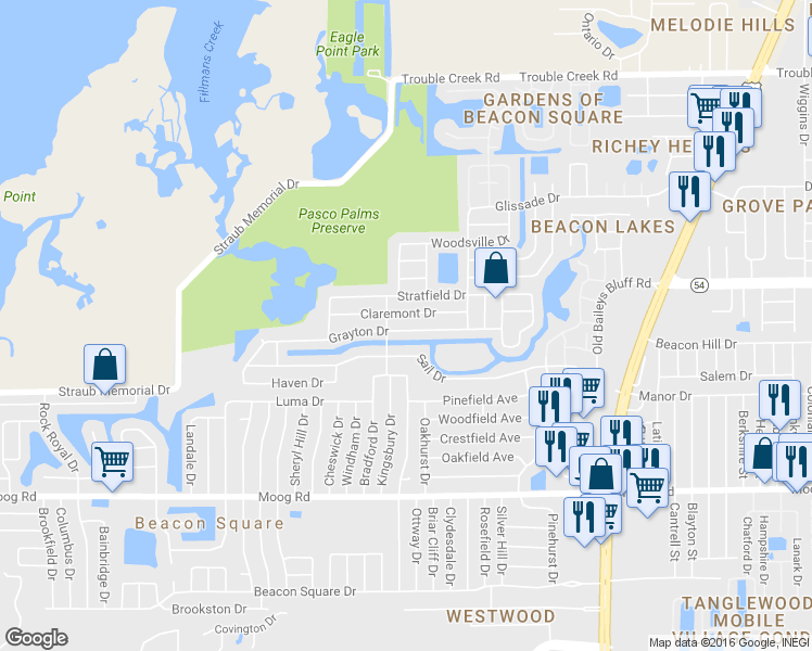 map of restaurants, bars, coffee shops, grocery stores, and more near 4025 Grayton Drive in New Port Richey