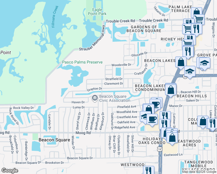 map of restaurants, bars, coffee shops, grocery stores, and more near 4024 Grayton Drive in New Port Richey