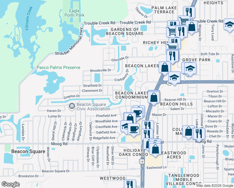 map of restaurants, bars, coffee shops, grocery stores, and more near 3838 Edgemont Drive in New Port Richey