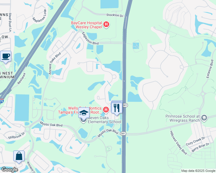 map of restaurants, bars, coffee shops, grocery stores, and more near 4080 Windcrest Drive in Wesley Chapel