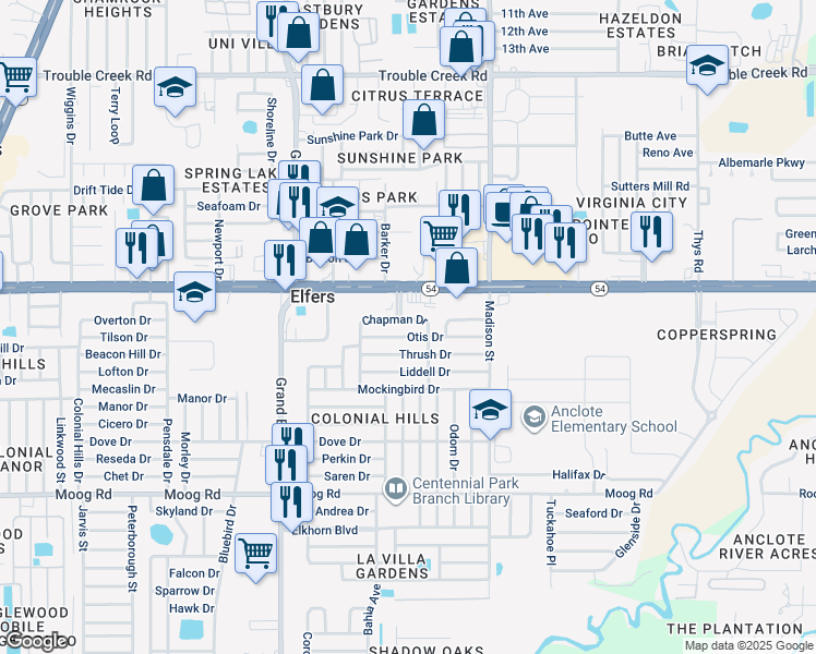 map of restaurants, bars, coffee shops, grocery stores, and more near 5800 Chapman Drive in New Port Richey