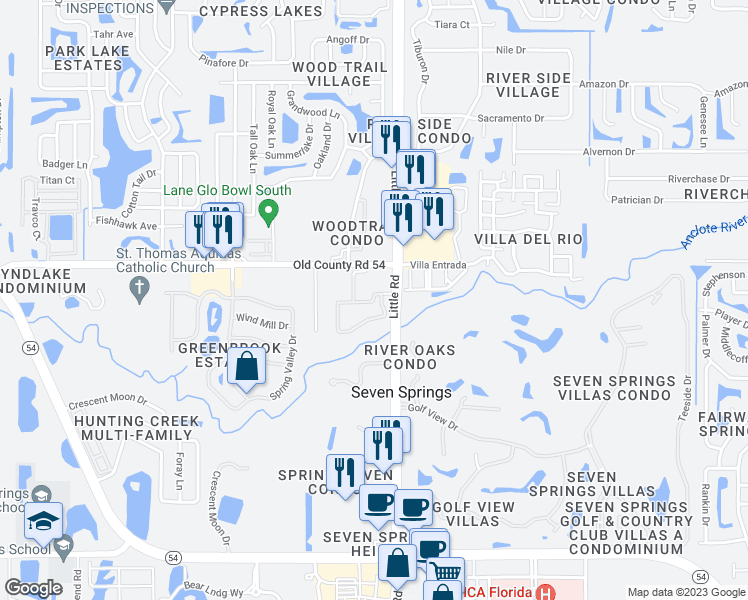 map of restaurants, bars, coffee shops, grocery stores, and more near 8801 Lazy River Loop in New Port Richey