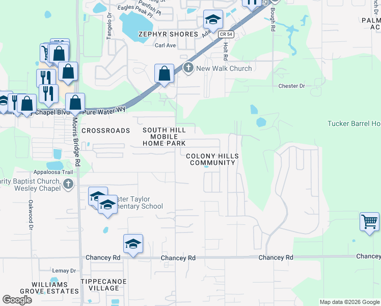 map of restaurants, bars, coffee shops, grocery stores, and more near 35108 Wagner Way in Zephyrhills