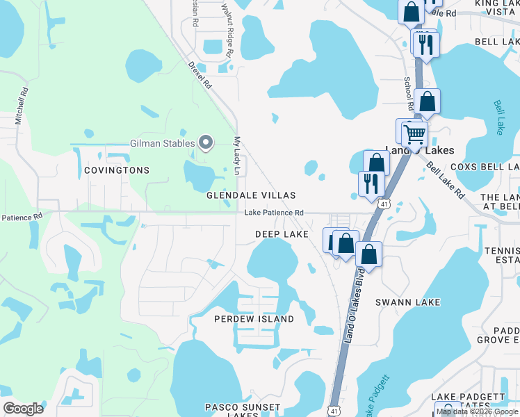 map of restaurants, bars, coffee shops, grocery stores, and more near 21054 Lake Patience Road in Land O' Lakes