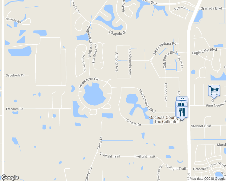 map of restaurants, bars, coffee shops, grocery stores, and more near 2888 Sweetspire Circle in Kissimmee