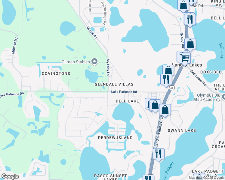 map of restaurants, bars, coffee shops, grocery stores, and more near 4021 My Lady Lane in Land O' Lakes