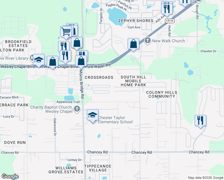map of restaurants, bars, coffee shops, grocery stores, and more near 34772 Mulrion Drive in Zephyrhills