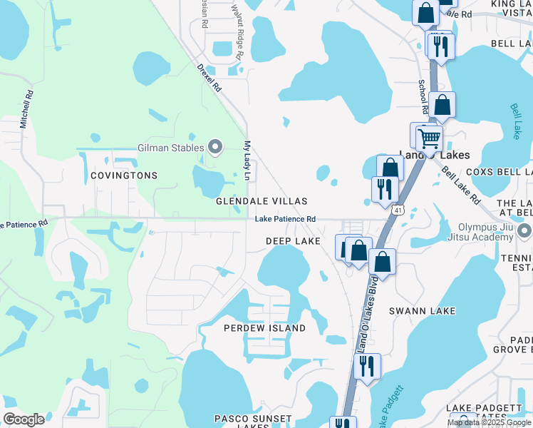 map of restaurants, bars, coffee shops, grocery stores, and more near 21032 Voyager Boulevard in Land O' Lakes