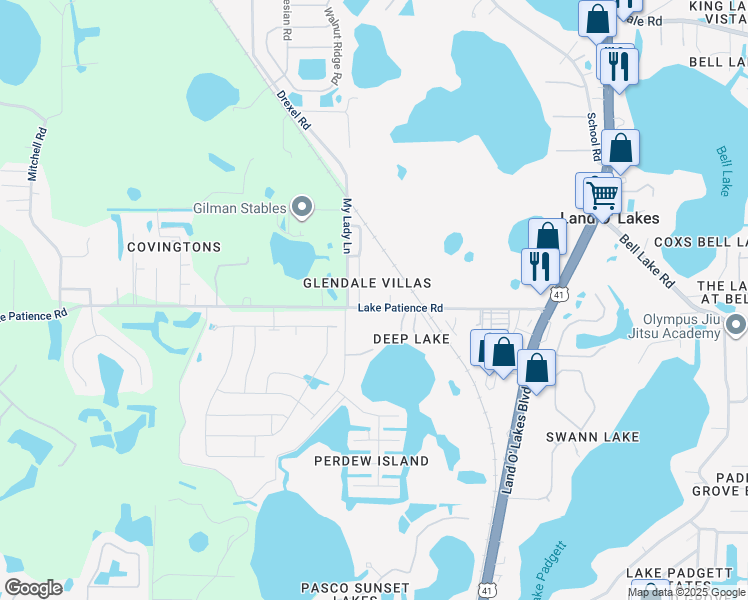 map of restaurants, bars, coffee shops, grocery stores, and more near 21101 Voyager Boulevard in Land O' Lakes