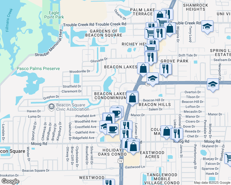 map of restaurants, bars, coffee shops, grocery stores, and more near 3970 Lighthouse Way in Port Richey