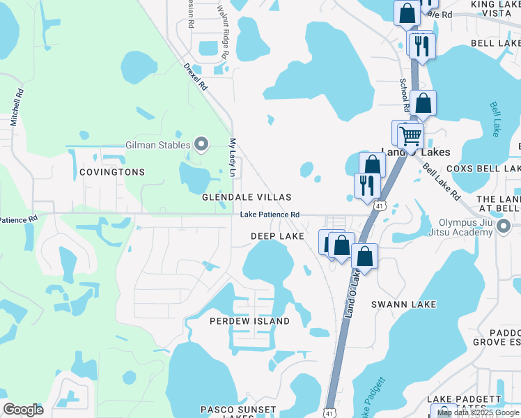 map of restaurants, bars, coffee shops, grocery stores, and more near 21102 Voyager Boulevard in Land O' Lakes