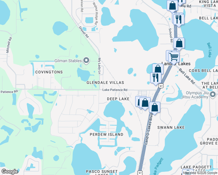 map of restaurants, bars, coffee shops, grocery stores, and more near 21038 Voyager Boulevard in Land O' Lakes