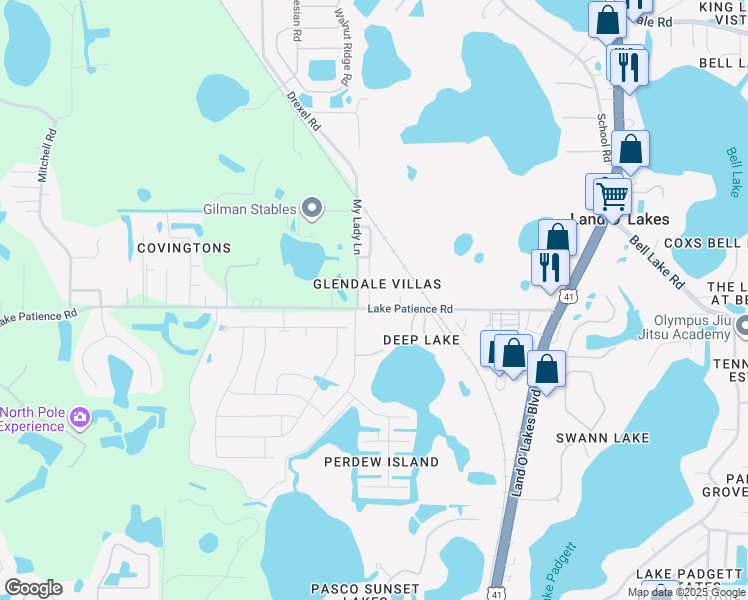 map of restaurants, bars, coffee shops, grocery stores, and more near 21020 Voyager Boulevard in Land O' Lakes