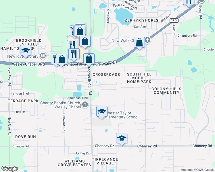 map of restaurants, bars, coffee shops, grocery stores, and more near 34651 Nancy Street in Zephyrhills