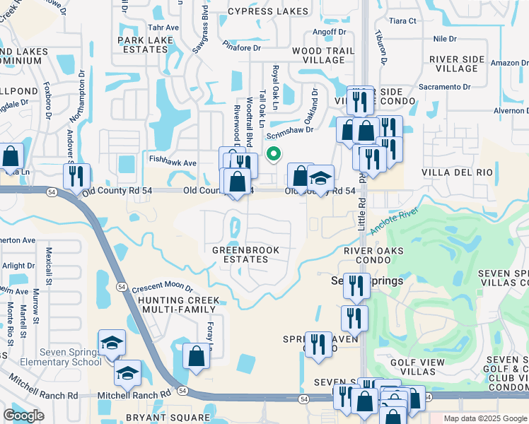 map of restaurants, bars, coffee shops, grocery stores, and more near 8613 White Springs Drive in New Port Richey