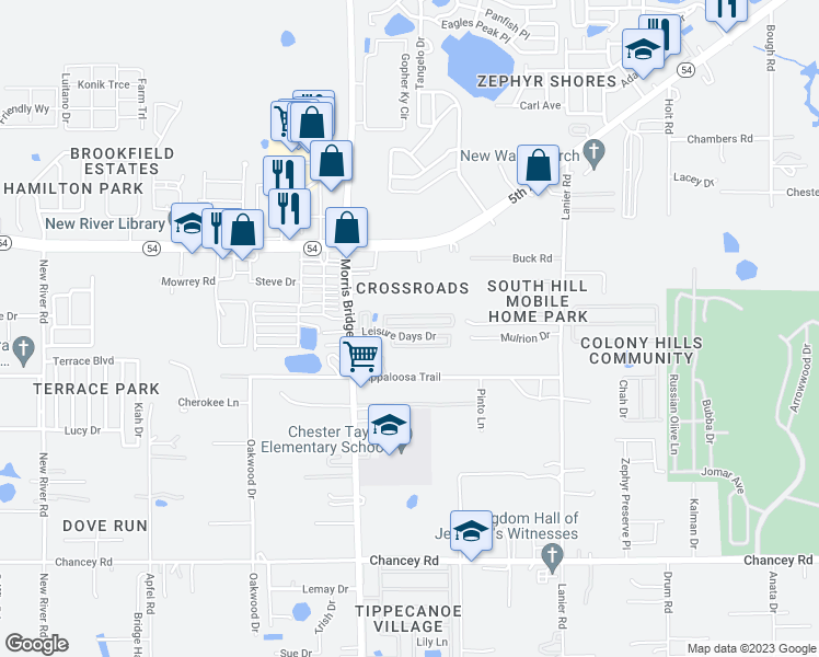 map of restaurants, bars, coffee shops, grocery stores, and more near 34651 Nancy Street in Zephyrhills