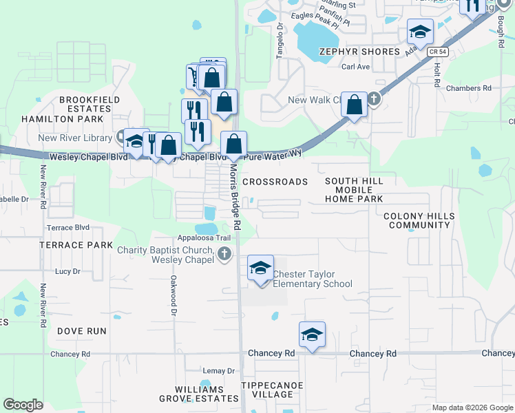 map of restaurants, bars, coffee shops, grocery stores, and more near 34549 Nancy Street in Zephyrhills