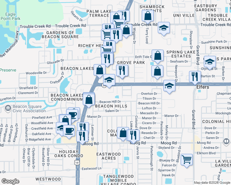map of restaurants, bars, coffee shops, grocery stores, and more near 3926 Winston Drive in New Port Richey