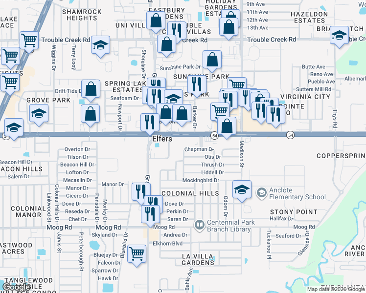 map of restaurants, bars, coffee shops, grocery stores, and more near 5651 Chapman Drive in Port Richey