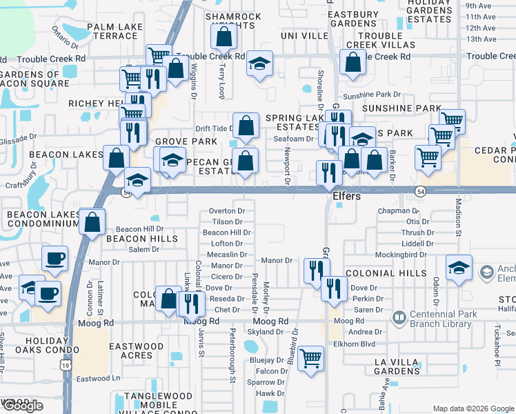 map of restaurants, bars, coffee shops, grocery stores, and more near 3928 Pensdale Drive in New Port Richey